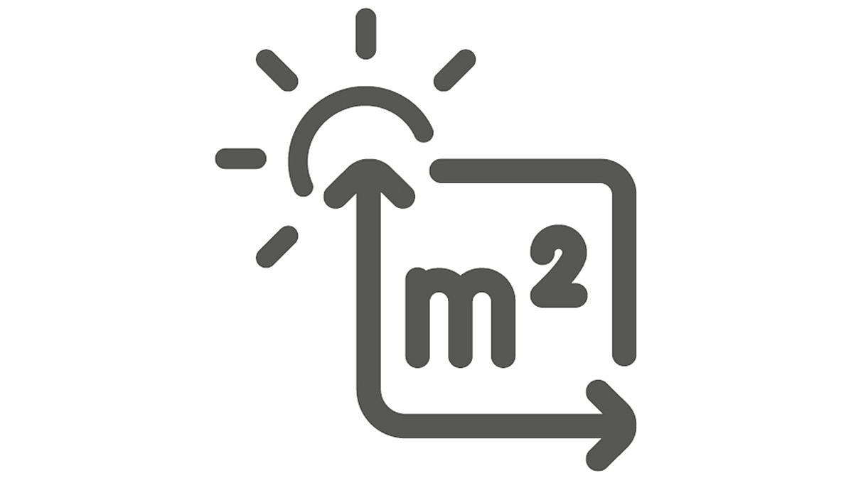 Symbol mit einer Sonne und einem Pfeil, der auf "m²" zeigt, das die Anpassung der Belichtungsfläche darstellt